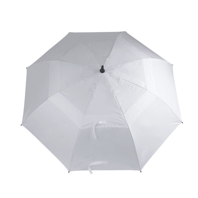 A white golf umbrella featuring a black handle and a logo, designed for outdoor use.