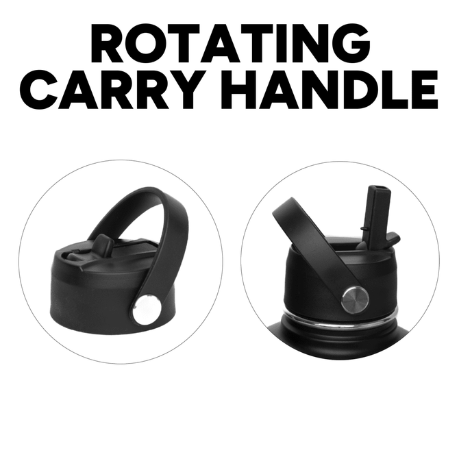 A drink bottle with a black rotating carry handle and two different lid options. It features a simple, sleek design.