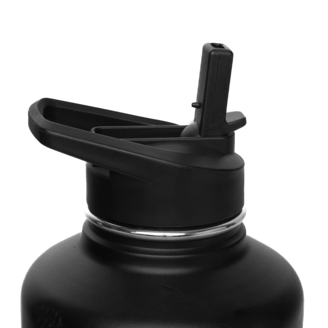 A drink bottle with a black matte finish and a flip top lid, featuring a spout and branding logo.