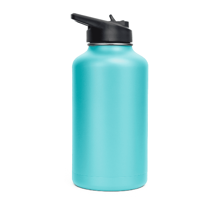 A drink bottle in a teal colour with a black flip top lid, featuring a logo.