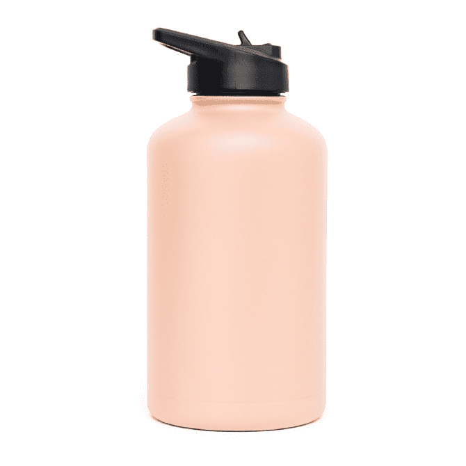 A drink bottle in soft pink with a black flip top lid, featuring a logo.