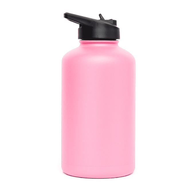A drink bottle in vibrant pink featuring a black flip top lid and a logo. Suitable for keeping drinks insulated.