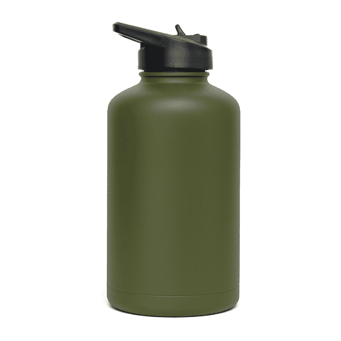 A drink bottle in olive green, featuring a flip top lid and a sturdy design, equipped with a logo.