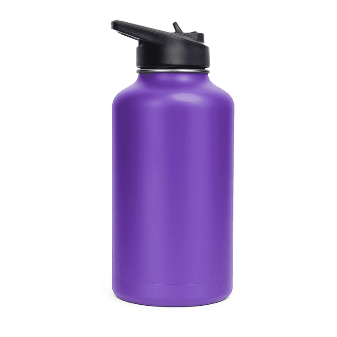 A drink bottle in vibrant purple, featuring a black flip top lid and a sleek design, ideal for hydration.