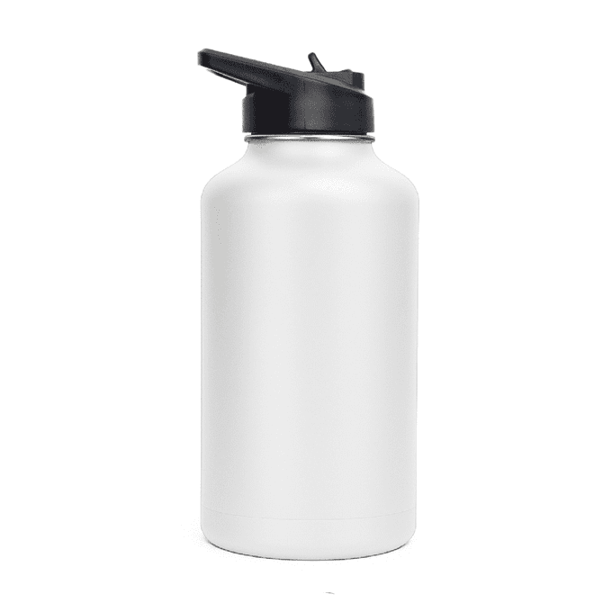 A drink bottle in matte white with a black flip top lid, featuring a simple, sleek design.