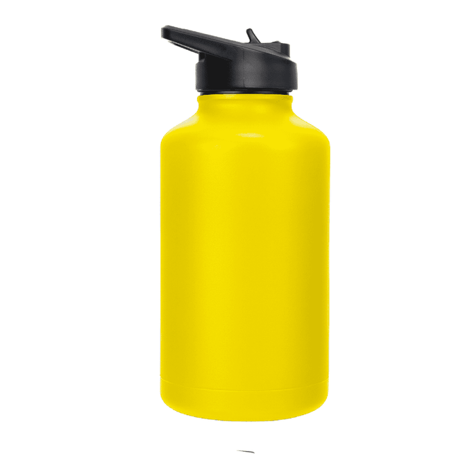 A drink bottle in bright yellow, featuring a flip top lid and a sleek design, with a logo on the side.