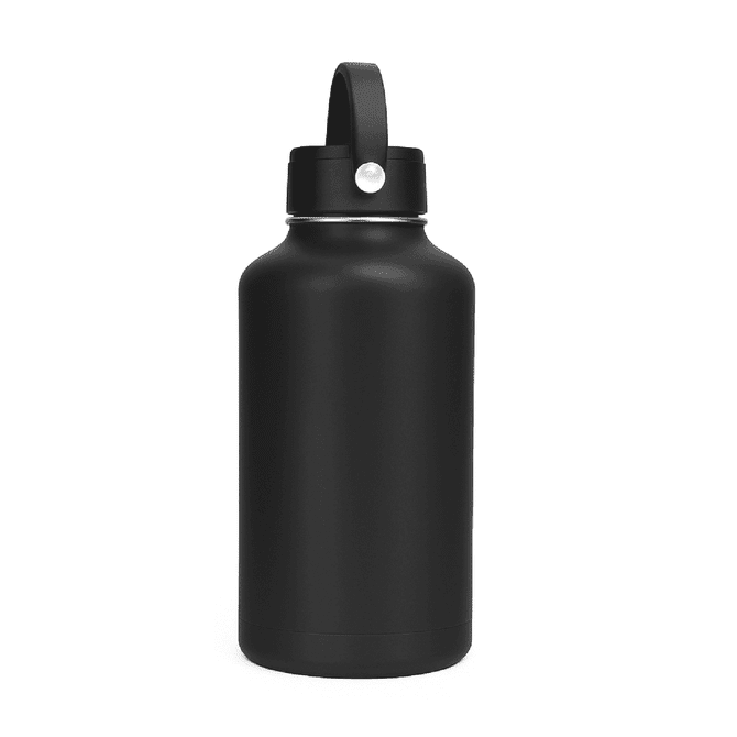 A drink bottle with a sleek black design, featuring a rotating carry handle lid and a logo.