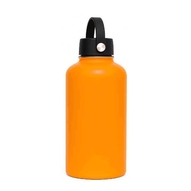 A drink bottle in bright orange with a black rotating carry handle lid and a logo. Ideal for outdoor use.