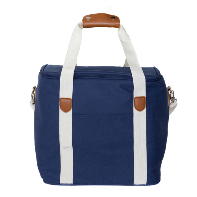 A navy cooler bag with white straps and brown leather trim, featuring a zippered closure and a side pocket.