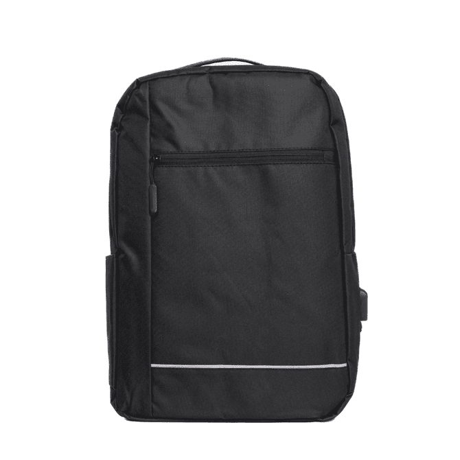 A black backpack with a front zip pocket, side pocket, and white accent stripe, featuring a logo.