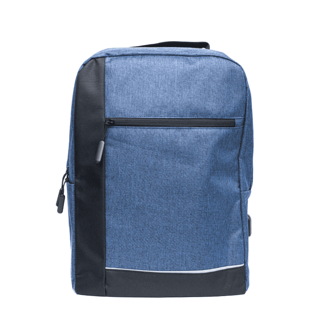 A blue backpack featuring a zippered front pocket and a contrasting black side panel. It also has a logo.