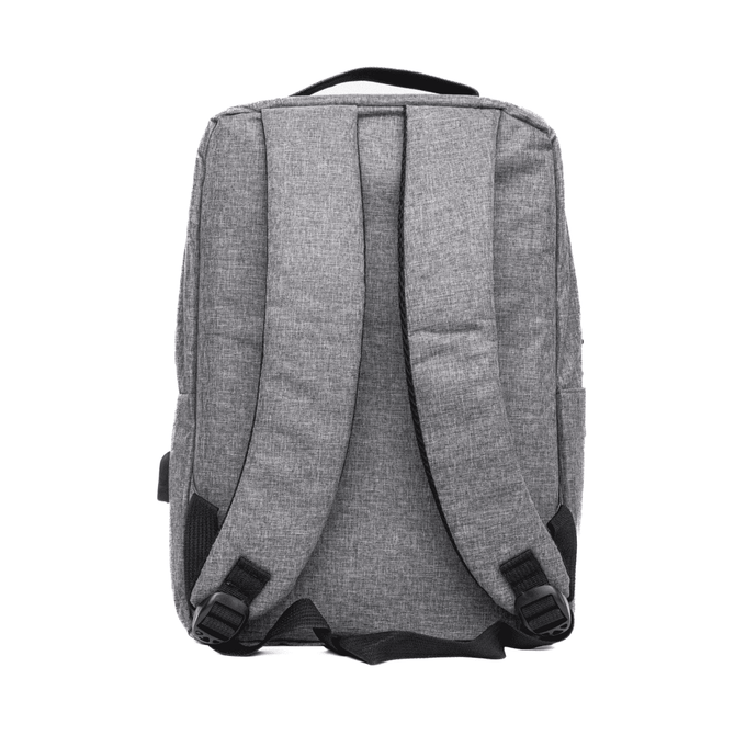 A grey backpack with padded straps and a sleek design, featuring pockets on the side and a logo.