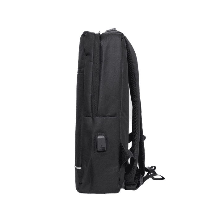 A black backpack with adjustable straps, featuring a front pocket and a branding logo.