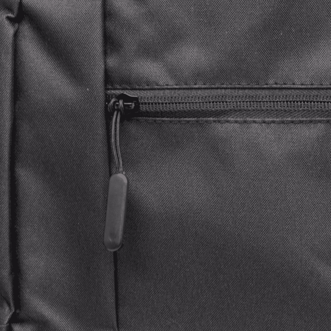 A black backpack with a zippered pocket detail. The fabric is textured and durable. It has a logo present.