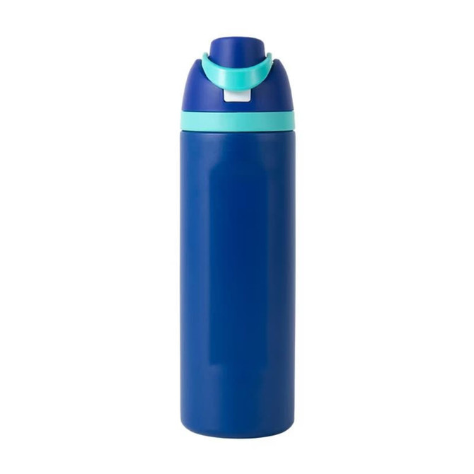 A drink bottle in navy blue with a turquoise lid and an attached flip-top spout. It features a logo.