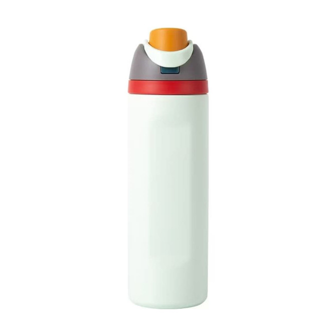 A drink bottle in white with a grey and orange cap, featuring a logo on the body. 700ml stainless steel insulated design.