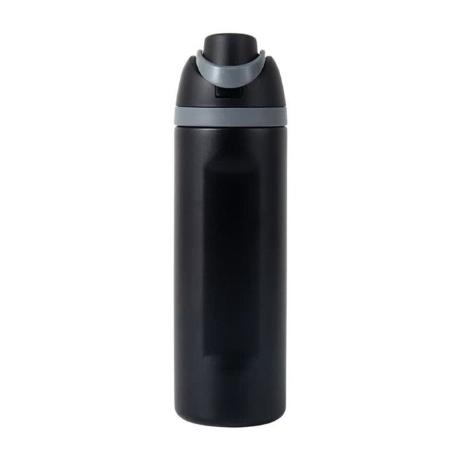 A drink bottle in black stainless steel with a grey lid, featuring a logo on the body.