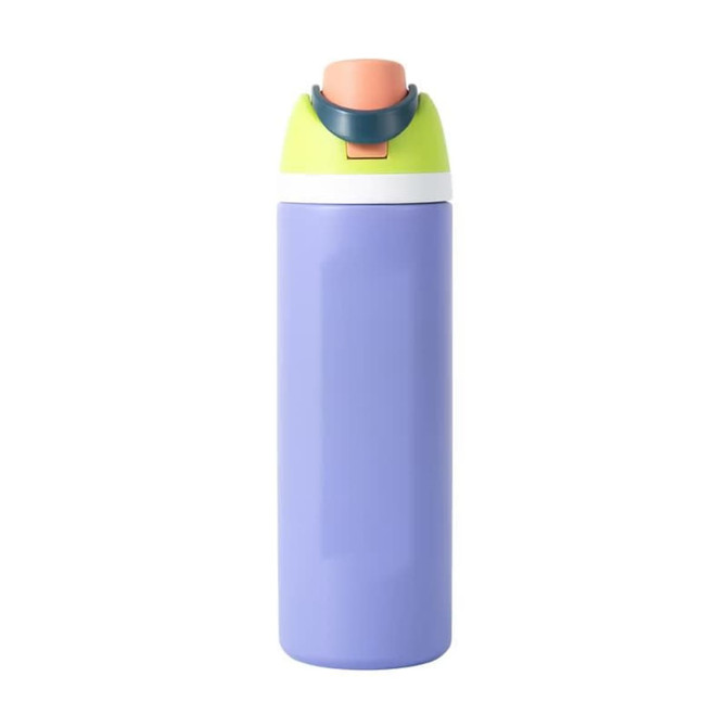 A drink bottle with a lavender body, white and green cap, and pink button. It features a logo.