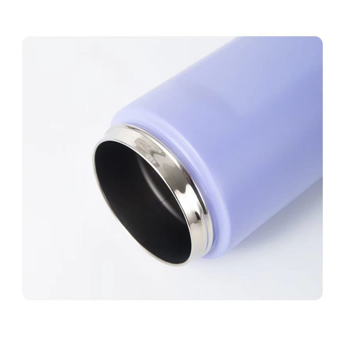 A drink bottle in lavender with a stainless steel rim, featuring a logo on its side.