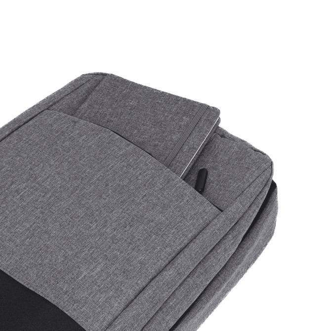 A grey Slate Backpack with multiple compartments and zippers, featuring a subtle branding logo.