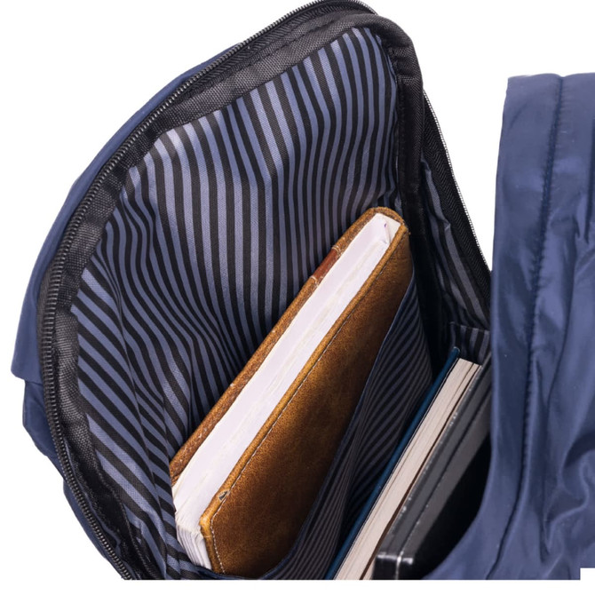 A navy backpack interior features striped lining with a brown notebook and two other items visible. It has a logo.