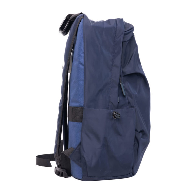 A navy blue backpack with a sleek design, featuring adjustable straps and a side pocket. It has a logo on the front.