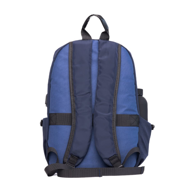 A navy blue backpack with padded straps and a logo, featuring side pockets and adjustable detailing.