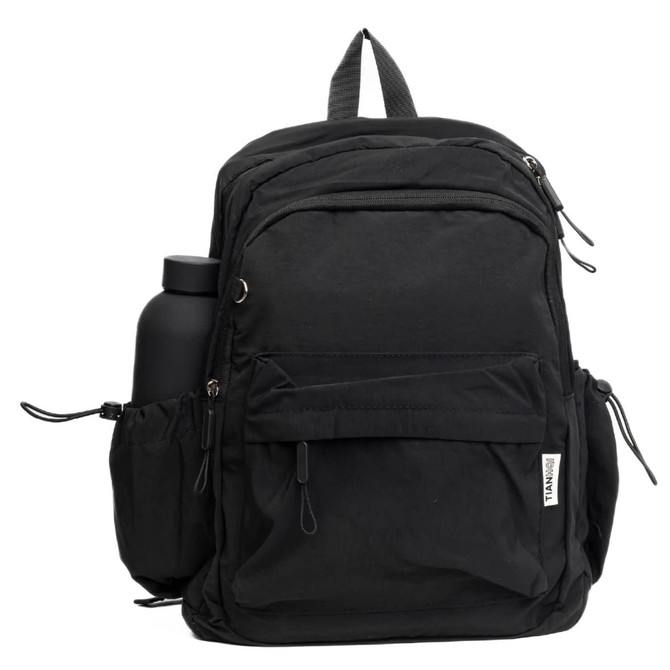 A black backpack with multiple compartments and a side pocket for a drink bottle. It features a logo on the front.