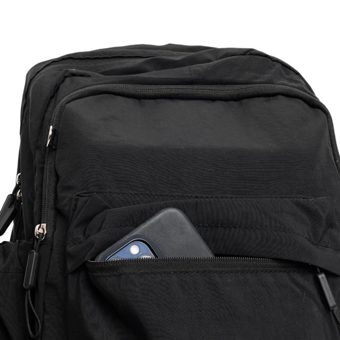 A black backpack with multiple zippers, featuring a pocket that holds a phone. It has branding visible on the side.