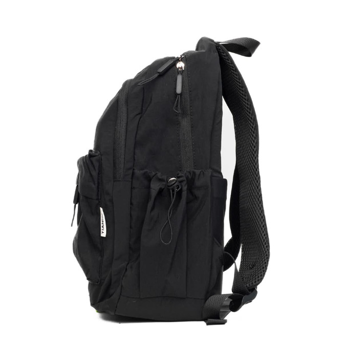 A black backpack featuring multiple zippers and pockets, with padded shoulder straps and a side view. It has a logo.