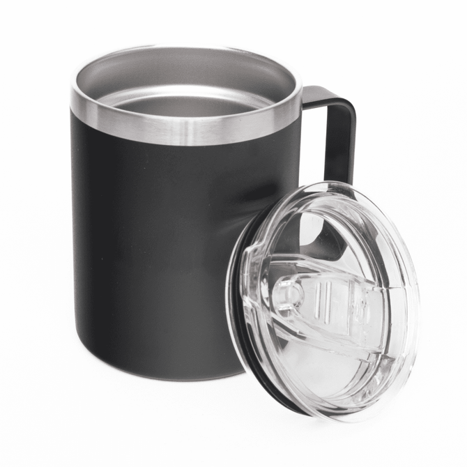 A black coffee mug with a stainless steel interior and a clear lid. The mug features a handle and a logo.