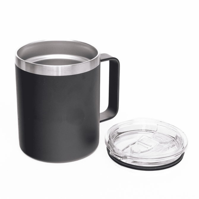 A black 350ml coffee mug with a stainless steel rim and a clear lid. The mug has a sturdy handle and a branding logo.