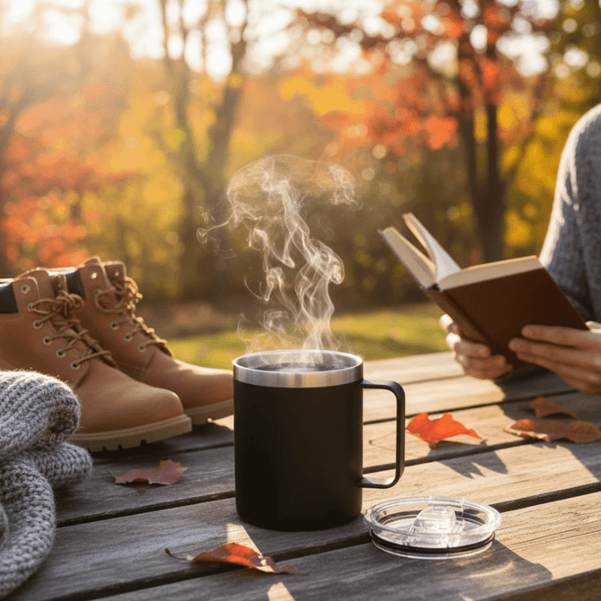 A black coffee mug with steam rising, set on a wooden table with autumn leaves. Nearby, there are boots and a person reading.