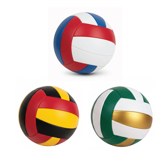 A set of three volleyballs featuring various colour combinations: red, white, blue; black, yellow, and red; green with a gold panel.