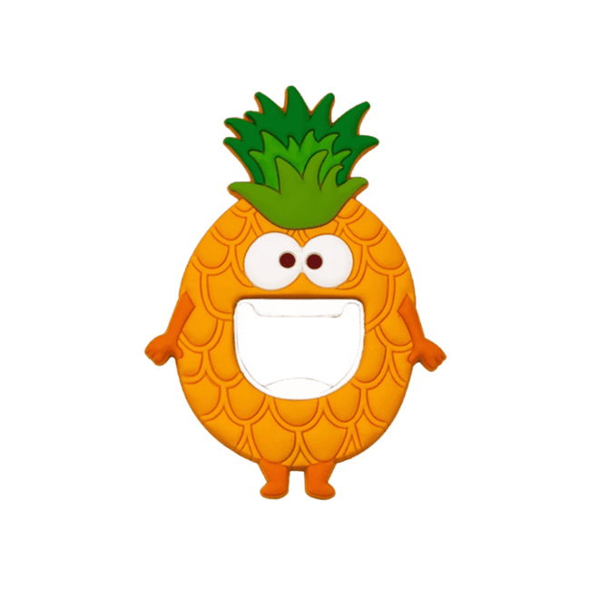 A drink bottle opener in the shape of a cheerful pineapple, featuring orange and green colours, with a friendly face and arms.