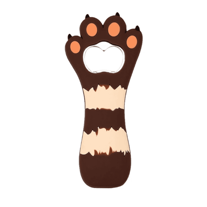 A drink bottle opener shaped like a paw, featuring brown and cream stripes with orange accents. Includes a logo.