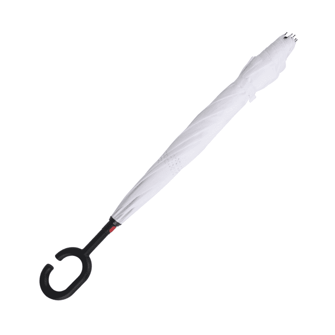 An inverted umbrella in white with a black handle and a curved hook end. It features a branding logo.