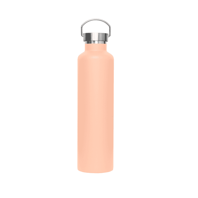 A drink bottle in a soft peach colour with a metal lid and a logo on it.