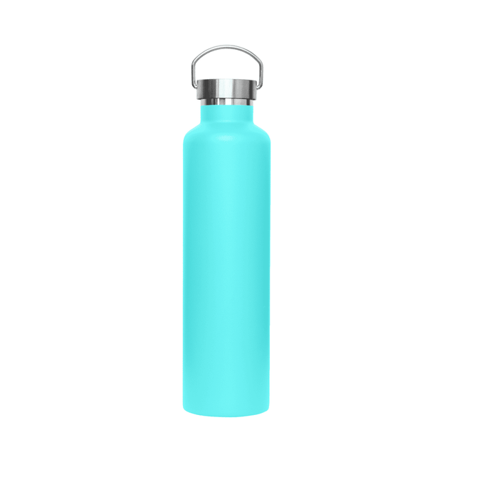 A drink bottle in a vibrant turquoise colour with a metal lid and a logo.
