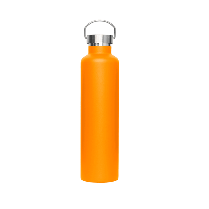 A drink bottle in vibrant orange with a silver metal lid and a logo on the side.