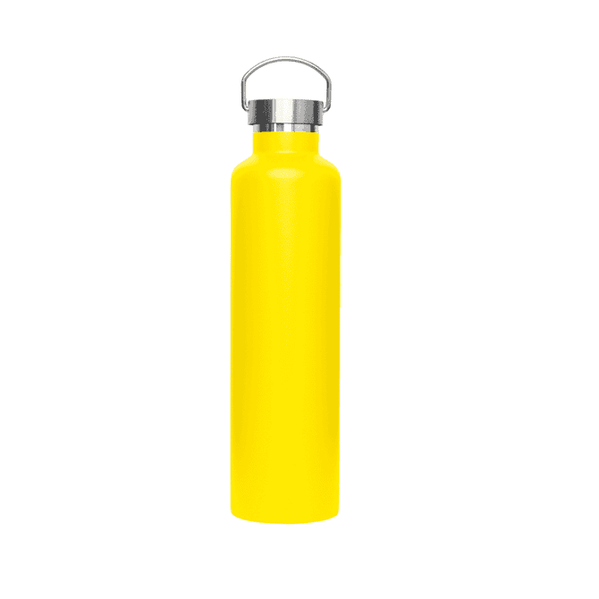 A drink bottle in bright yellow with a metal lid, featuring a sleek, cylindrical design and a logo.