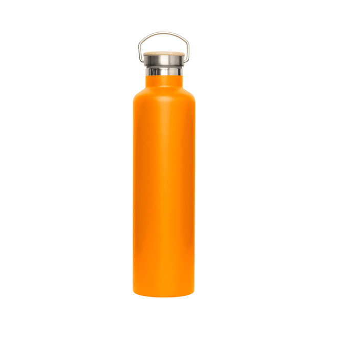 A drink bottle in bright orange with a stainless steel lid and a handle. Features a logo on the side.