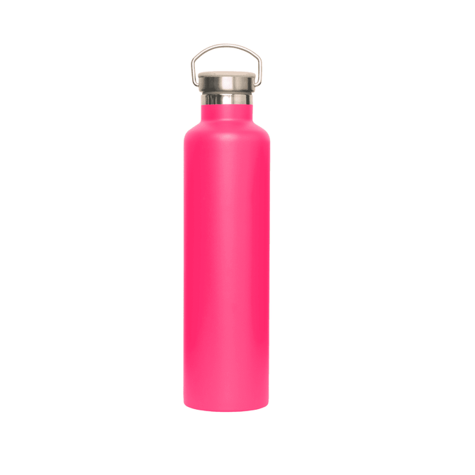 A drink bottle in vibrant pink with a stainless steel lid and a handle. It features a logo.