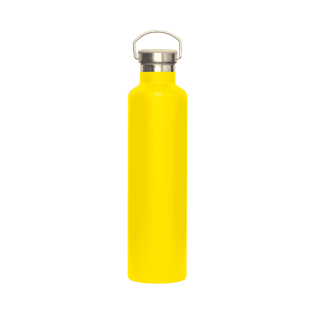 A drink bottle in bright yellow with a stainless steel lid and a loop handle, featuring a logo.