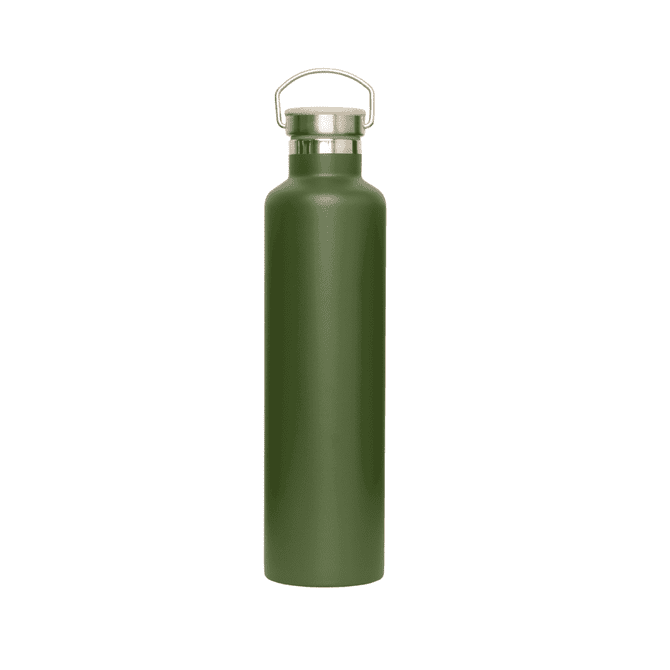 A drink bottle in olive green with a stainless steel lid and a carry handle. It features a logo on the body.