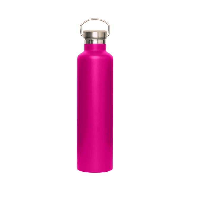 A drink bottle in vibrant pink with a stainless steel neck and a bamboo lid, featuring a branding logo.