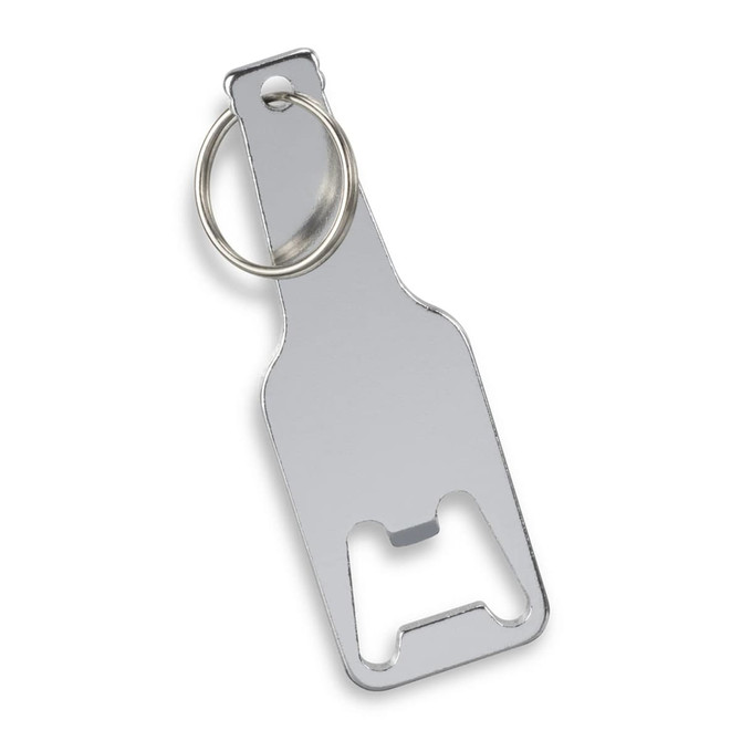 A drink bottle opener key ring in metallic silver, shaped like a bottle, with a metal key ring attachment.