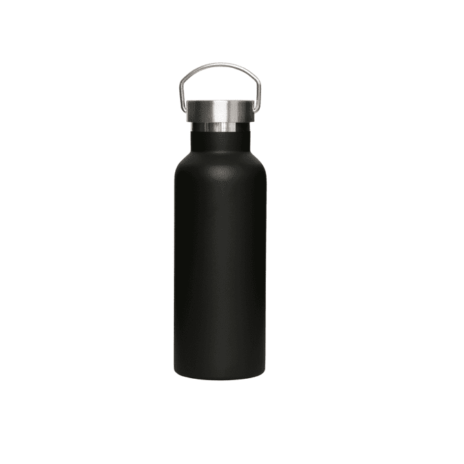 A drink bottle in black with a stainless steel lid and handle, featuring a logo. Suitable for beverages.