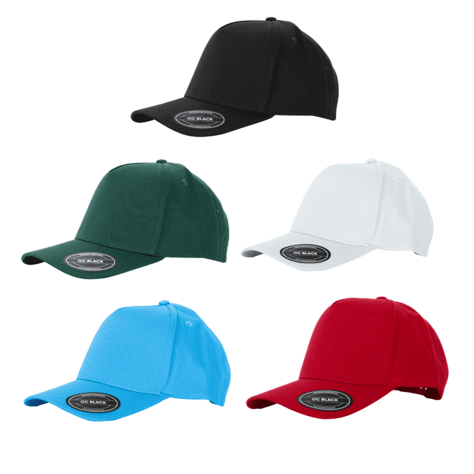 A collection of Prado 5 Panel Cotton Caps in black, white, green, blue, and red, featuring a Velcro closure and branding.