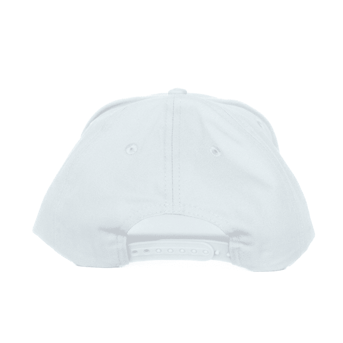 A white cotton cap featuring a Velcro closure and a branded logo on the back.